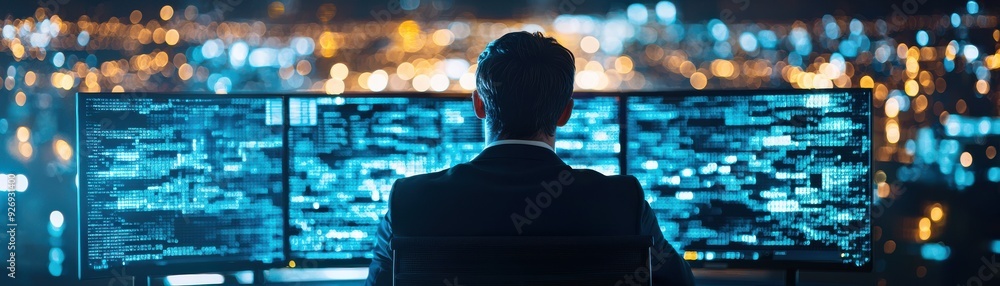 Poster a focused individual sits in front of multiple monitors, analyzing data against a backdrop of city l