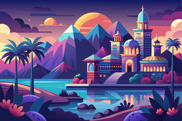 Fototapeta premium Cityscape with Domed Buildings, Mountains, and Palm Trees