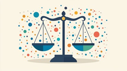 A balanced scale symbolizing justice and fairness, surrounded by colorful dots, conveying sense of harmony and equilibrium. 