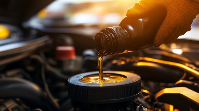 Golden Stream Close-up of Engine Oil Filling, Sunlight Illuminates the Flow, Focus on the Stream and Filling Cap, Emphasizing the Importance of Regular Maintenance
