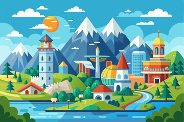 Fototapeta premium A Colorful Cityscape with Buildings, Mountains, and a River