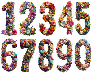 Flower number from 0 to 9 isolated on transparent background PNG file