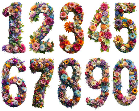 Flower number from 0 to 9 isolated on transparent background PNG file