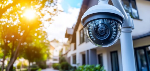 Naklejka premium Security Camera Eye A Close-Up Perspective of a Surveillance System Against a Blurred Background of a Sunny Suburban Neighborhood
