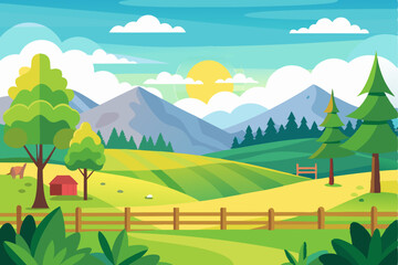 Obraz premium Rural Landscape with a Wooden Fence and Farm Buildings