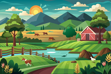 Idyllic Farm Scene with Red Barn, Mountains, and a River