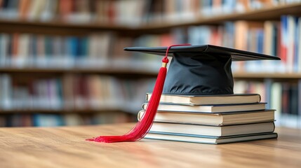 The Path to Graduation A Black Graduation Cap Atop a Stack of Books, With a Red Tassel Draped Over a Wooden Table and a Blurred Library in the Background