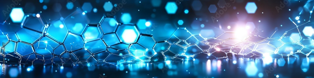 Wall mural a dark blue abstract technology background with geometric shapes and bokeh blur.
