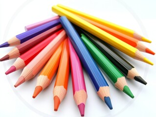 Fototapeta premium A Fan of Colored Pencils A close-up perspective of sharpened colored pencils arranged in a fan shape, showcasing vibrant hues and intricate woodgrain details, suggesting