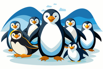 Fototapeta premium A Group of Seven Cartoon Penguins Standing on Ice