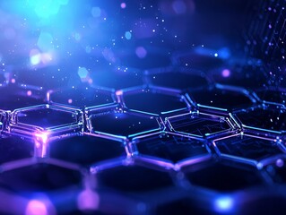 Obraz premium A dark blue abstract technology background with geometric shapes and bokeh blur. 