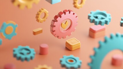 Floating colorful gears and checkmark symbols on a peach background, representing concepts of workflow, productivity, and technology..