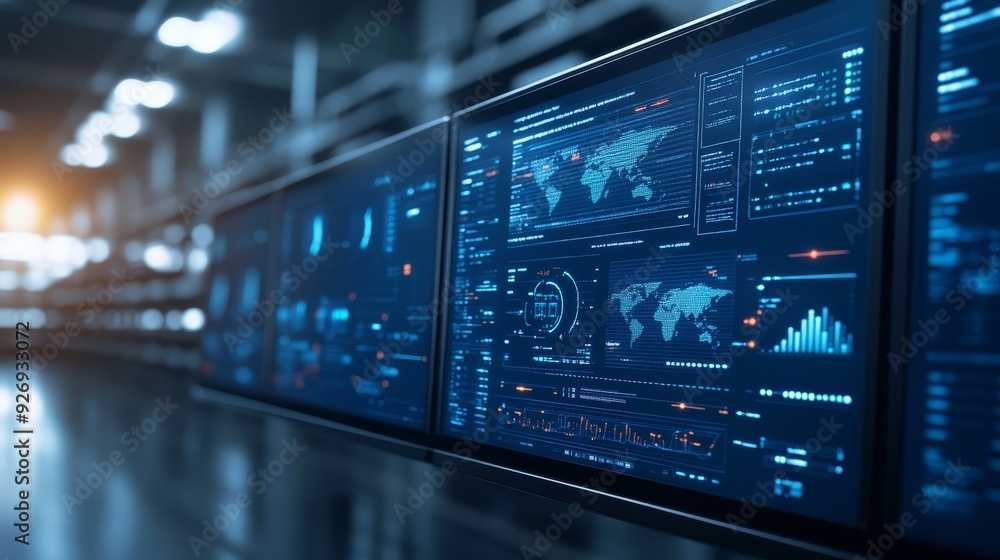 Poster futuristic data center with digital interfaces