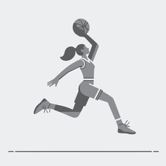 illustration of a female basketball player running and jumping while holding the ball