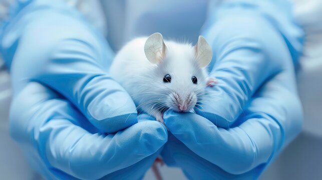 A white lab mouse is held gently in the gloved hands of a researcher.