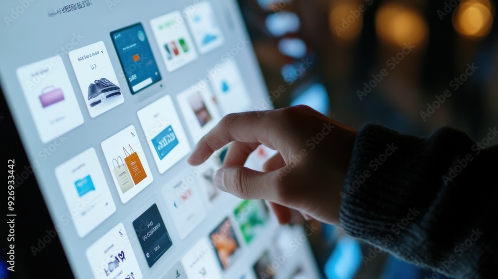 Poster interactive e-commerce experience with product filters and currency conversion options