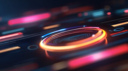 A futuristic interface showcasing glowing neon rings and digital elements, symbolizing high-tech user interfaces, digital innovation, and modern technology..