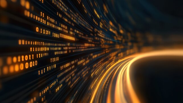 A digital tunnel filled with glowing binary code in warm tones, illustrating the flow of data and the complexities of digital communication and technology..
