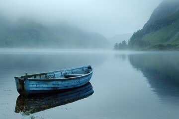 Obraz premium A small blue boat sits in a lake on a foggy day