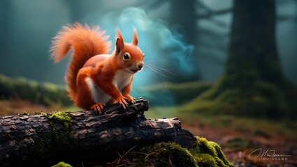 Red squirrel its fur a fiery halo perches