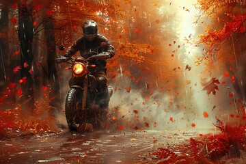 A man is riding a motorcycle in the rain, with leaves falling around him