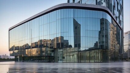 Obraz premium Modern office building with reflective glass panels, blending into the cityscape.-