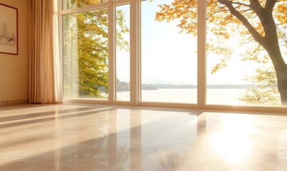 An empty room with floor-to-ceiling windows overlooking the lake and fall trees outside, Generative AI