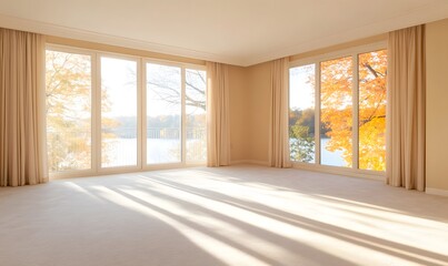 Obraz premium An empty room with floor-to-ceiling windows overlooking the lake and fall trees outside, Generative AI