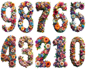 Flower bouquet number from 0 to 9 isolated on transparent background PNG file