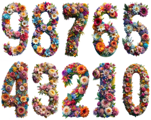 Flower bouquet number from 0 to 9 isolated on transparent background PNG file