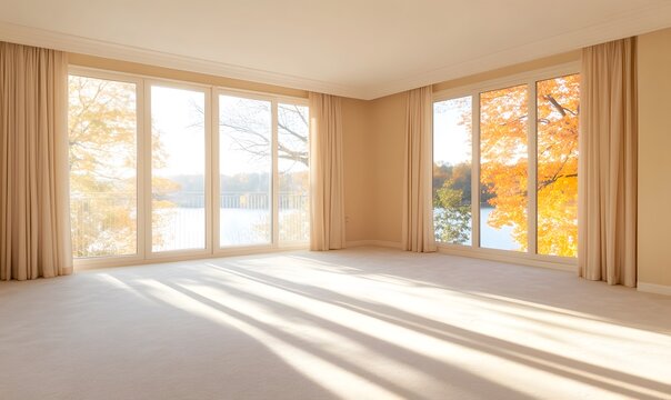 An empty room with floor-to-ceiling windows overlooking the lake and fall trees outside, Generative AI