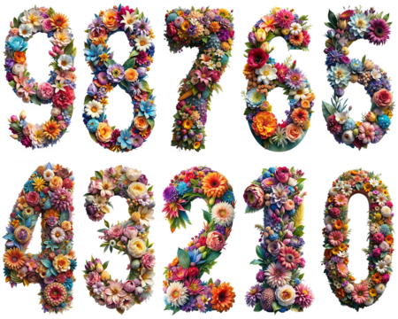 Flower bouquet number from 0 to 9 isolated on transparent background PNG file