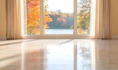 An empty room with floor-to-ceiling windows overlooking the lake and fall trees outside, Generative AI