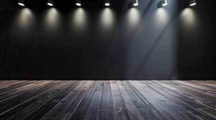 A dark wooden floor with spotlights shining down from above.