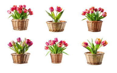 Tulips in Basket Vase with Clipping Path - Isolated PNG Image