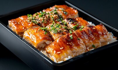 broiled eel served over rice in a lacquered box, Generative AI