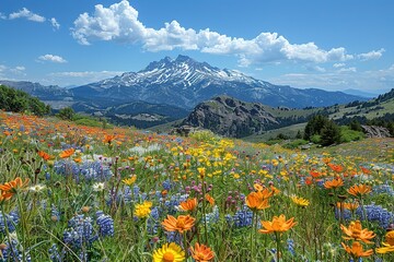 Fototapeta premium A beautiful field of flowers with a mountain in the background