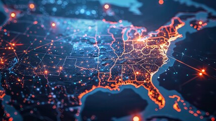 A stylized map of the United States with glowing lines and dots representing cities and connections.