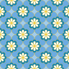 Seamless floral pattern in shades of blue and white with golden lines. Suitable for textile designs, fabrics, prints, wraps, wallpapers, backgrounds, etc.