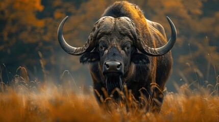 A bison stands in a field with dry grass,
