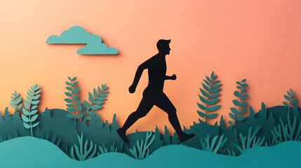 Silhouette paper cut of a man running on a orange background.