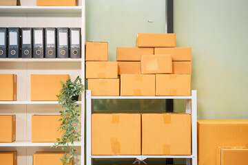 A parcel box is securely placed on the shelf, prepared for shipment. It is labeled and ready to be sent to customers, ensuring timely and efficient delivery.