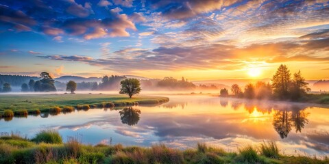 Fototapeta premium A serene image depicting the moment of dawn breaking over a peaceful landscape, serene, dawn, sunrise, tranquil, morning