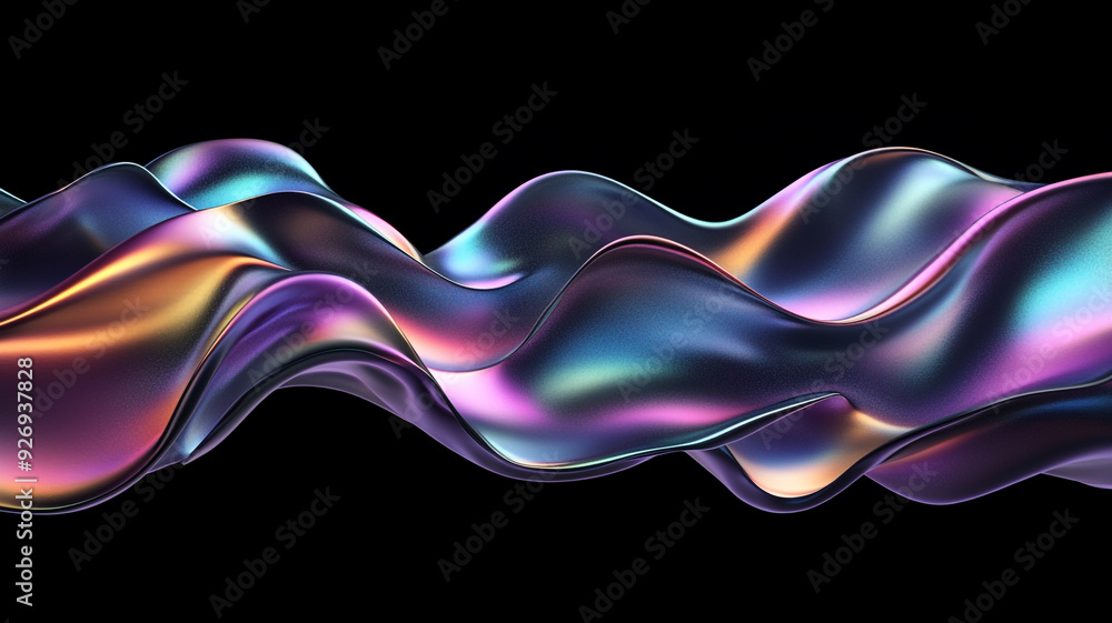 Poster dynamic abstract iridescent wavy shape with black background, 3d rendered visual