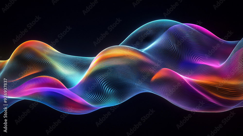 Poster iridescent wavy shape in abstract design, 3d render on dark background