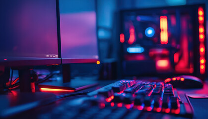 Close-up of a gaming setup with keyboard and mouse in focus, two monitors and PC in the background.