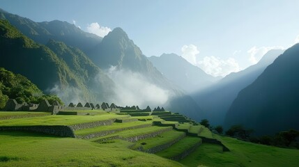 Fototapeta premium Ancient ruins, misty mountain backdrop, lush green terraces, early morning light, historical wonder, ultra HD detail