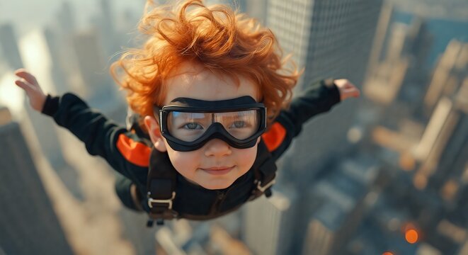 Dynamic shot of a redhead boy in goggles, seemingly in mid air. This action packed image represents the energy, bravery, and excitement of childhood experiences and outdoor activities.