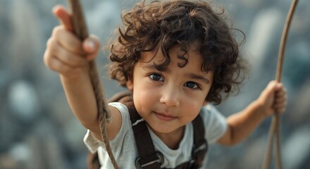 Energetic shot of a curly haired boy reaching upwards, capturing the enthusiasm and limitless potential of childhood. His expression and pose convey a sense of achievement and aspiration.