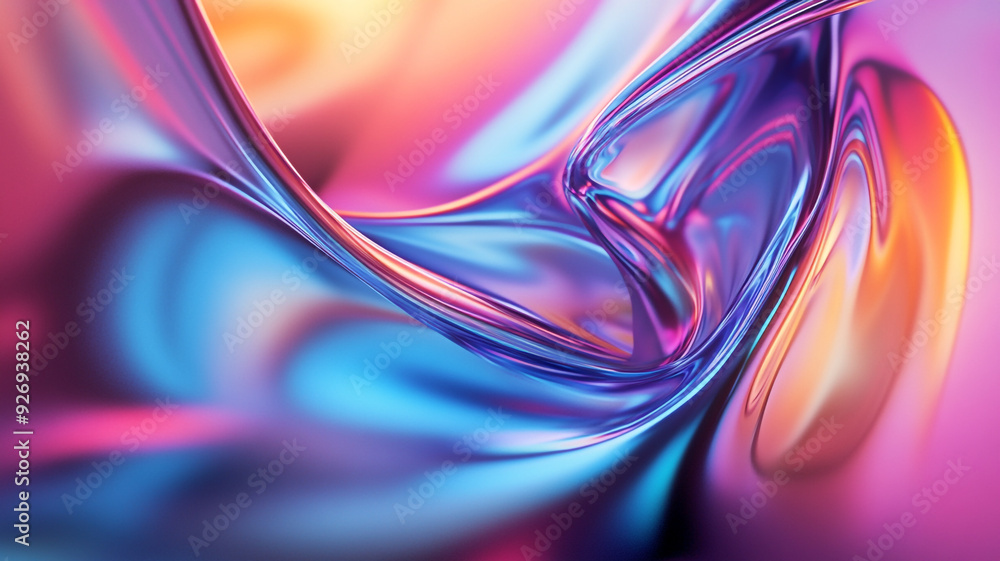 Poster iridescent abstract shape rendered in 3d, featuring glossy reflections and color variations